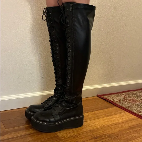 Demonia Black Over-the-Knee ‘Emily 375’Lace-Up Platform Boots Size 8 - Picture 3 of 8